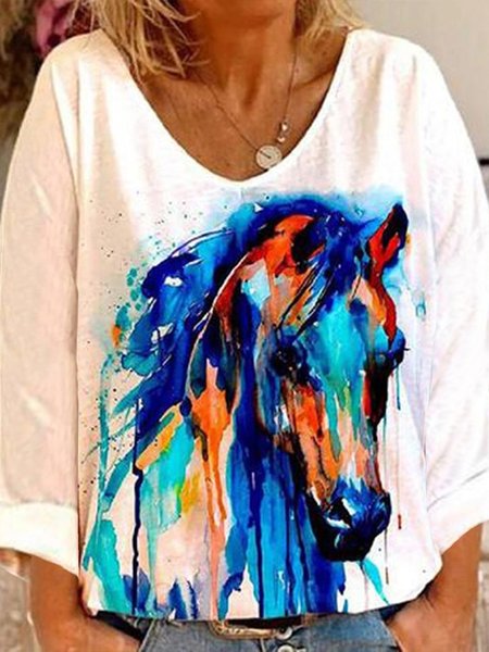 

V Neck Animal Loose T-Shirt, White, T-Shirts