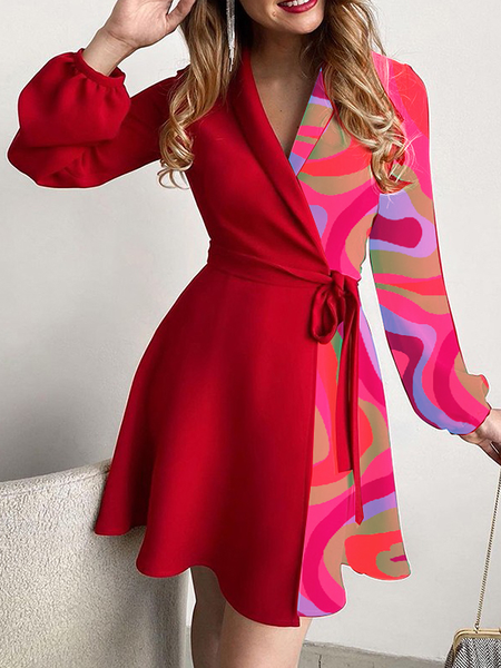 

Women Geometric Autumn Elegant Natural Daily Regular Fit Skirt Long sleeve Regular Dresses, Red, Mini Dresses