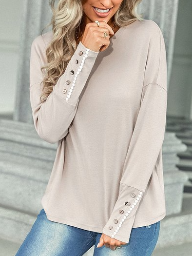 

Casual Plain Autumn Long sleeve Cotton-Blend Regular H-Line Regular Medium Elasticity Top for Women, Khaki, Tunics