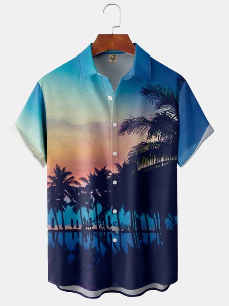 

Scenes Coconut Tree Chest Pocket Short Sleeve Hawaiian Shirt, Blue, Men Shirts