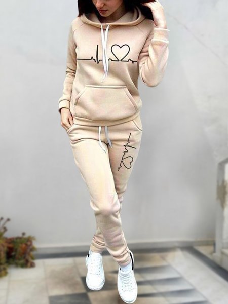 

Casual Text Letters Hoodie Two Piece Sets, Apricot, Suit Set