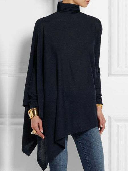

Loose High Elasticity Turtleneck Long sleeve A-Line Tops, Dark_blue, Tops