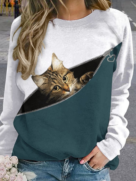 

Women Collision Color Zipper Cat Casual Raglan Sleeve Sweatshirt, Green, Hoodies&Sweatshirts