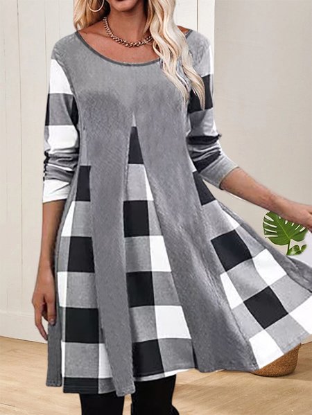 

Casual Plaid Panel Crew Neck Knit Loose Dress, Gray, Dresses