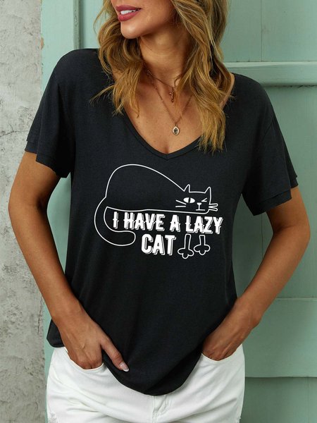 

Women I Have A Lazy Cat Letters V Neck Casual Regular Fit T-Shirt, Black, T-shirts