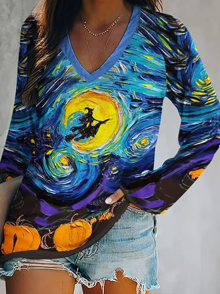 

Casual V Neck Halloween Painting Regular Fit T-Shirt, Multicolor, T-Shirts