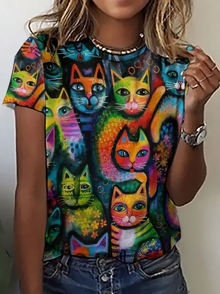 Abstract Colorful Cat Crew Neck Cat Loose T-Shirt, As picture, T-shirts