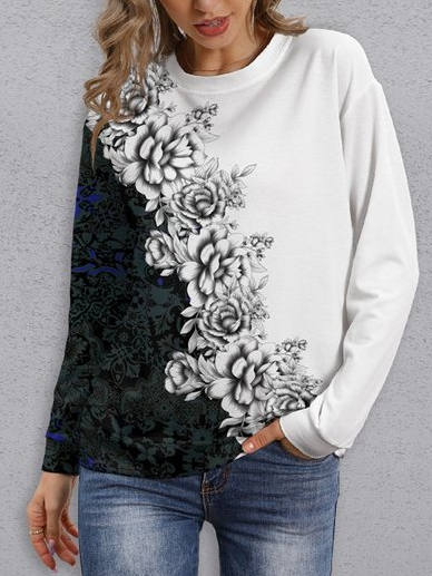 

Women Casual Floral Autumn Micro-Elasticity Daily Loose Long sleeve Cotton-Blend Regular Size Sweatshirts, White, Sweatshirts & Hoodies