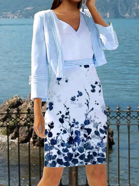 

V Neck Urban Floral Two Piece Sets, Blue, Dresses