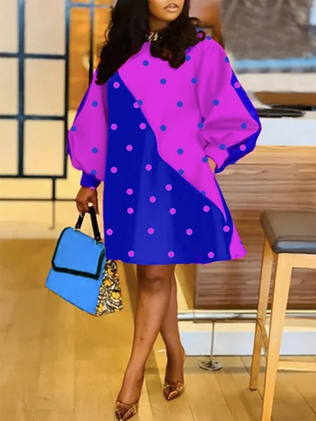 

Urban Long Sleeve Polka Dots Loose Mini Dress, Blue, Mini Dresses