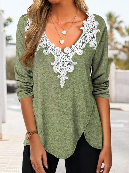 

Plain Simple Autumn Polyester V neck Micro-Elasticity Daily Long sleeve Regular Tops for Women, Green, Shirts & Blouses