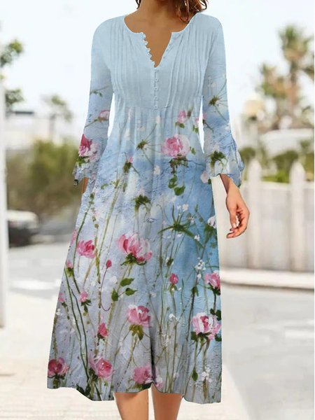 

V Neck Vacation Floral Buttoned Dress, Multicolor, Dresses