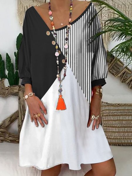 

Casual Contrast Stripe Asymmetric Collar Loose Dress, Black, Dresses