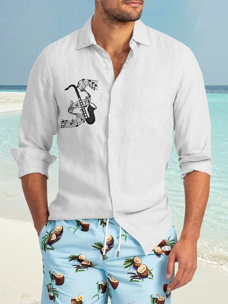 

Cotton Linen Music Print Casual Long Sleeve Shirt, As picture, Long Sleeve Shirts