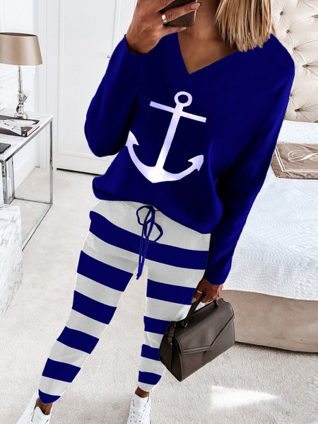 

Geometric Regular Fit V Neck Two Piece Sets, Blue, Suit Set