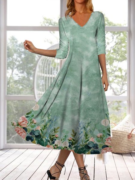 

Floral Autumn Vacation V neck Loose Jersey Pullover A-Line Regular Size Dress for Women, Green, Midi Dresses