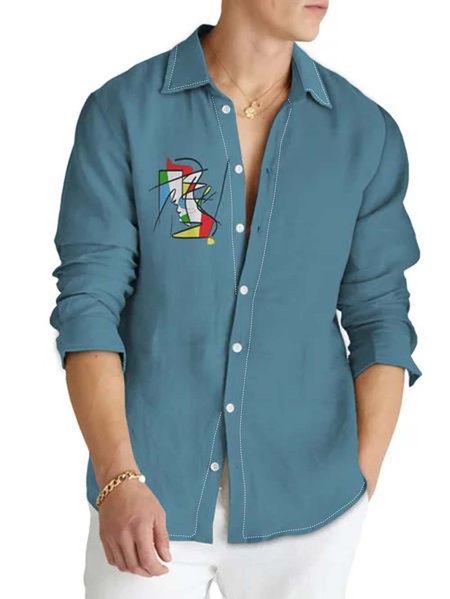 

Cotton and linen style medieval geometry color piece printed stripes comfortable flax long sleeve shirt, As picture, Long Sleeve Shirts