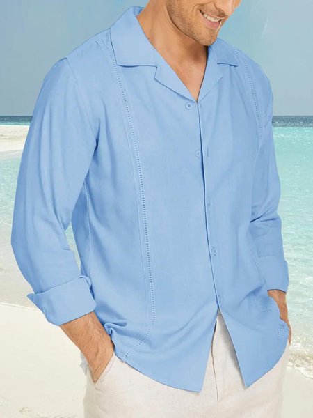 

Cotton Linen Plain Color Casual Long Sleeve Shirt, Blue, Long Sleeve Shirts