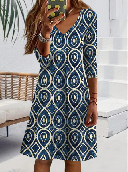 

Ethnic Casual V Neck Dresses, Dark blue, Dresses