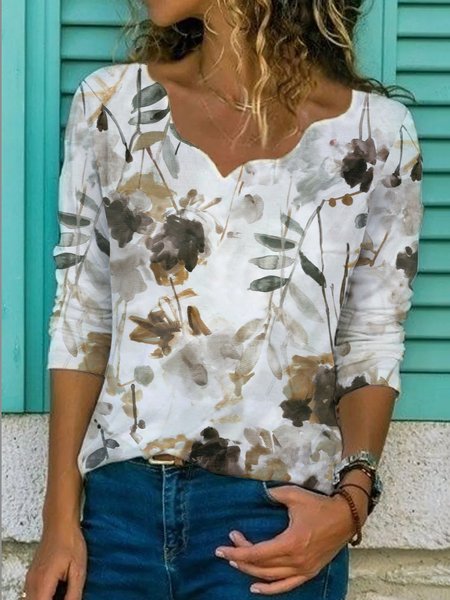 

Floral Casual V Neck Top, White, T-Shirts