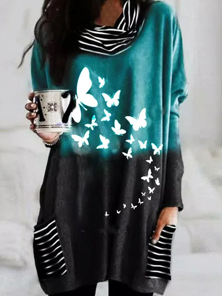 

Women Butterfly Casual Autumn Polyester Daily Regular Fit Long sleeve Turtleneck H-Line Dresses, Blue, Dresses