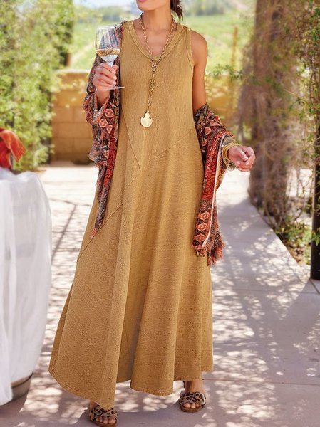 

Comfortable Plain Cotton Linen Loose Sleeveless Dress, Yellow, Maxi Dresses