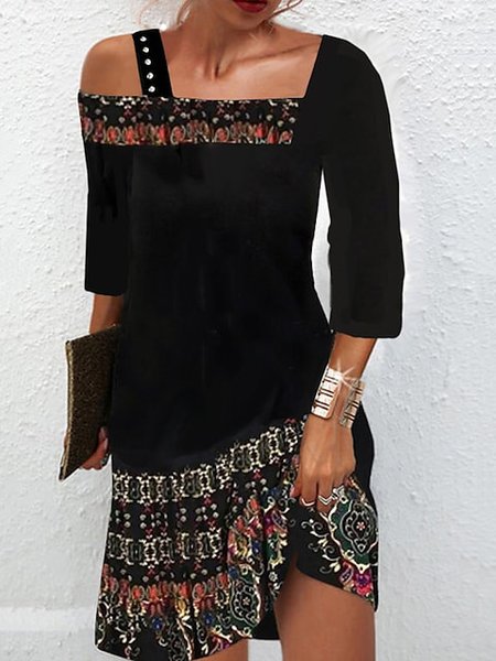 

Simple Folk Floral Design Off Shoulder Dress, Black, Dresses