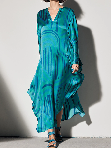 

Vacation V neck Long sleeve Loose A-Line Dresses, Blue, Maxi Dresses