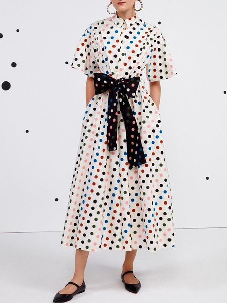 

Women Polka Dots Autumn Urban No Elasticity Regular Fit Midi 1 * Dress X-Line Shirt Collar Dresses, White, Midi Dresses