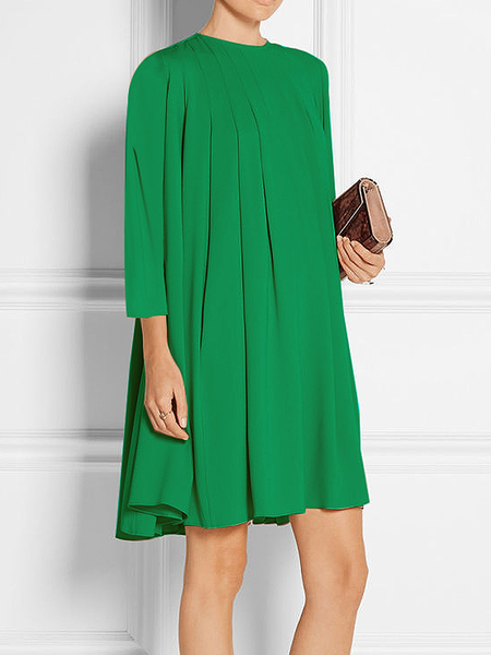 

Women Plain Autumn Elegant Polyester Natural Loose Skirt Three Quarter Regular Dresses, Green, Mini Dresses