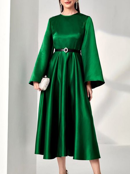 

Daily Long sleeve Elegant Regular Fit Plain Dress, Green, Midi Dresses
