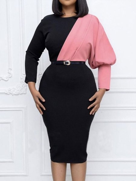 

Color Block Autumn Elegant Polyester Zipper Midi 1 * Dress T-Shirt Dress S-Line Dresses for Women, Black, Midi Dresses