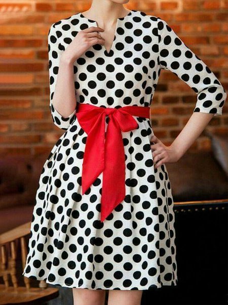 

Daily Three Quarter V Neck Polka Dots Dress, White, Mini Dresses