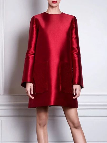 

Daily Long sleeve Elegant Regular Fit Satin Dress, Red, Mini Dresses