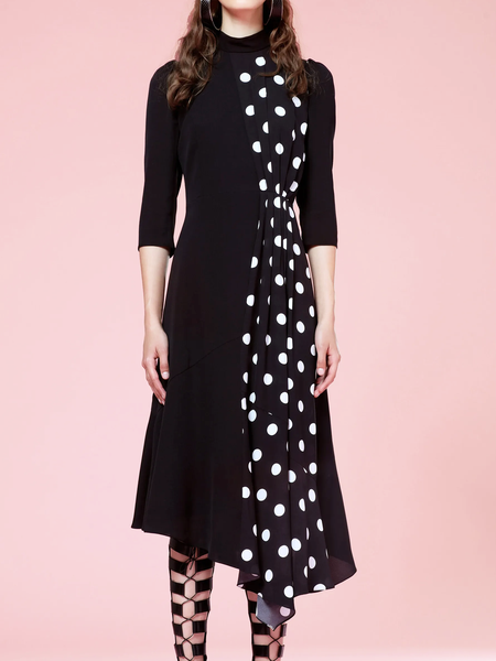 

Women Polka Dots Autumn Elegant Stand Collar Natural No Elasticity Commuting Three Quarter Regular Dresses, Black, Midi Dresses