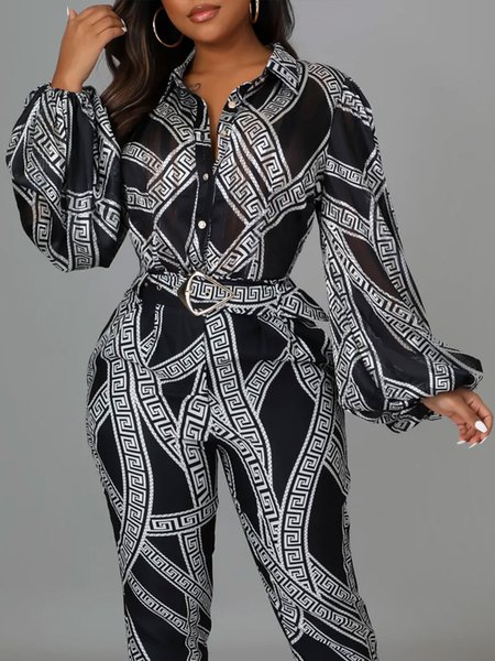 

Long sleeve Urban Regular Fit Shirt Collar Geometric Blouse, Black, Blouses and Shirts