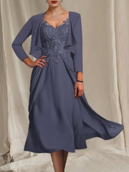 

Elegant Lace Panel Dress & Cardigan Semi Formal Two Piece, Blue, Suit Set