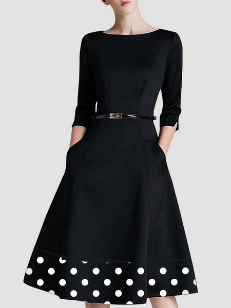 

Regular Fit Crew Neck Three Quarter X-Line Dresses, Black, Midi Dresses