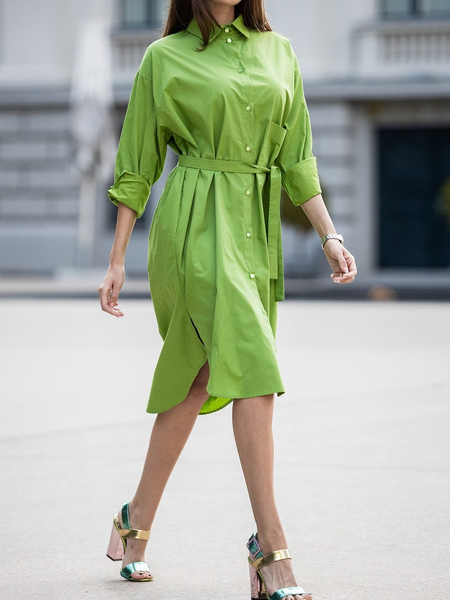 

Plain Simple Autumn Polyester Daily Midi Long sleeve Shirt Dress Regular Size Dresses for Women, Green, Midi Dresses