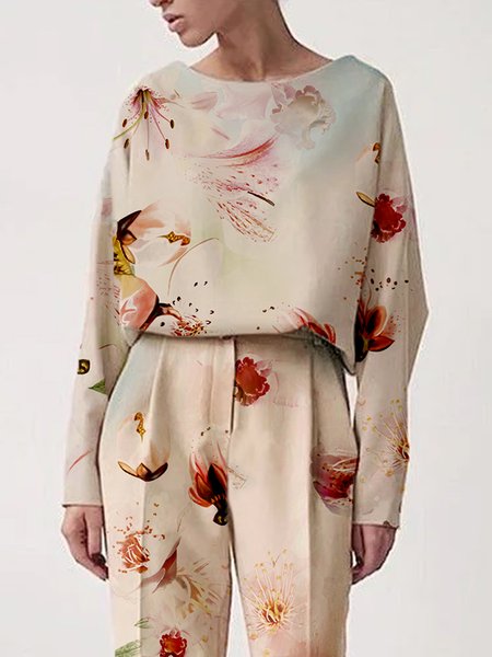 

Simple Long Sleeve Crew Neck Loose Blouse, Beige, Tops