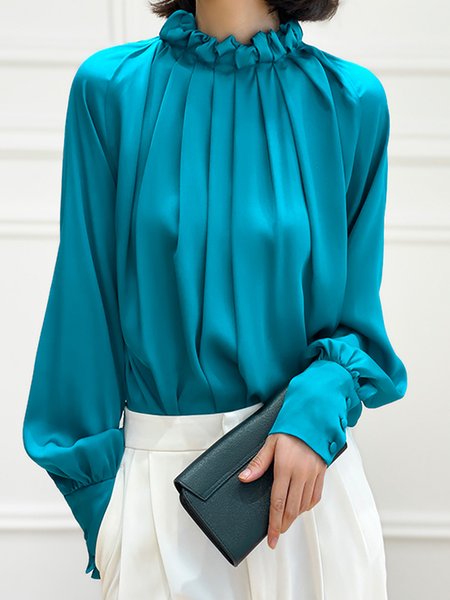 

Elegant Plain Stand Collar Loose Long sleeve Blouse, Blue, Blouses and Shirts