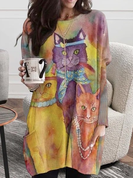 

Cute Cat Pattern Halloween Crew Neck Loose T-Shirt, Multicolor, Dresses