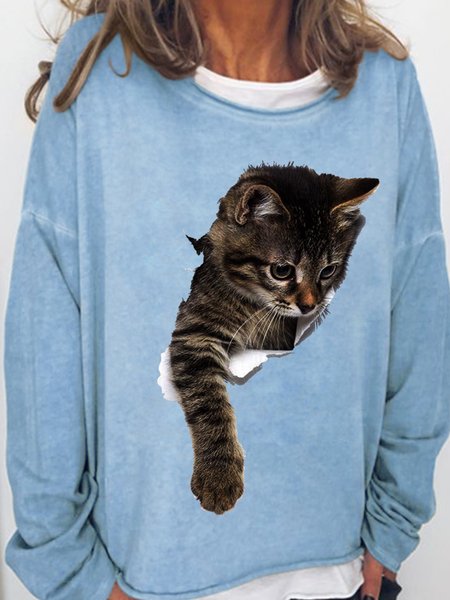 

Womens 3D Cat Print Crew Neck Casual Sweatshirt, Light blue, Hoodies&Sweatshirts