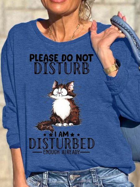 Women Cat Animal Don’t Disturb Loose Cat Casual Sweatshirt, Blue, Hoodies&Sweatshirts