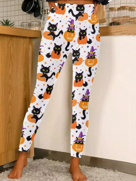 

Womens Witch Familiars Black Cat Pumpkins Casual Leggings, As picture, Leggings