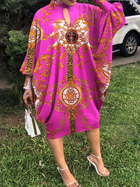

Loose Stand Collar Long sleeve Daily Dresses, Rose red, Midi Dresses