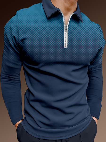 

Casual Art Collection Geometric Stripes Contrast Elements Pattern Lapel Long Sleeve Polo Print Top, Deep blue, Long Sleeve T-shirts