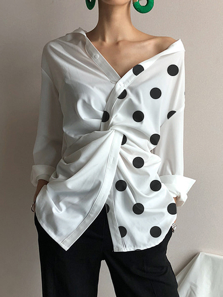 

Women Polka Dots Autumn Urban Polyester Daily Long sleeve Regular Shirt Collar Regular Size Blouse, White, Blouses and Shirts