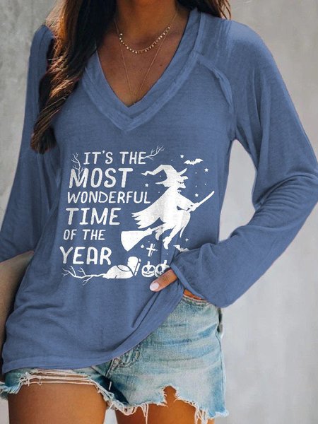 

Halloween V Neck Casual T-Shirt, Blue, T-Shirts