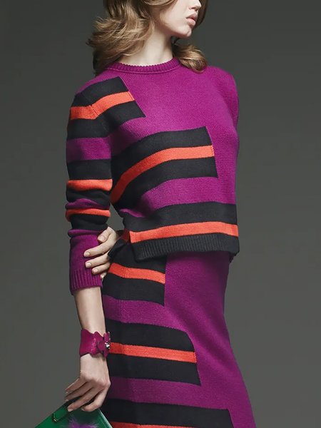 

Urban Striped Crew Neck Long Sleeve Sweater, Rose red, Sweaters